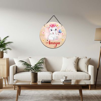 Personalized Baby Girl Elephant Wall Hanging Custom Wooden Nursery Wall Decor, Cute Floral Elephant Door Hanger for Kids Bedroom & Playroom, Unique Newborn Baby Shower Gift